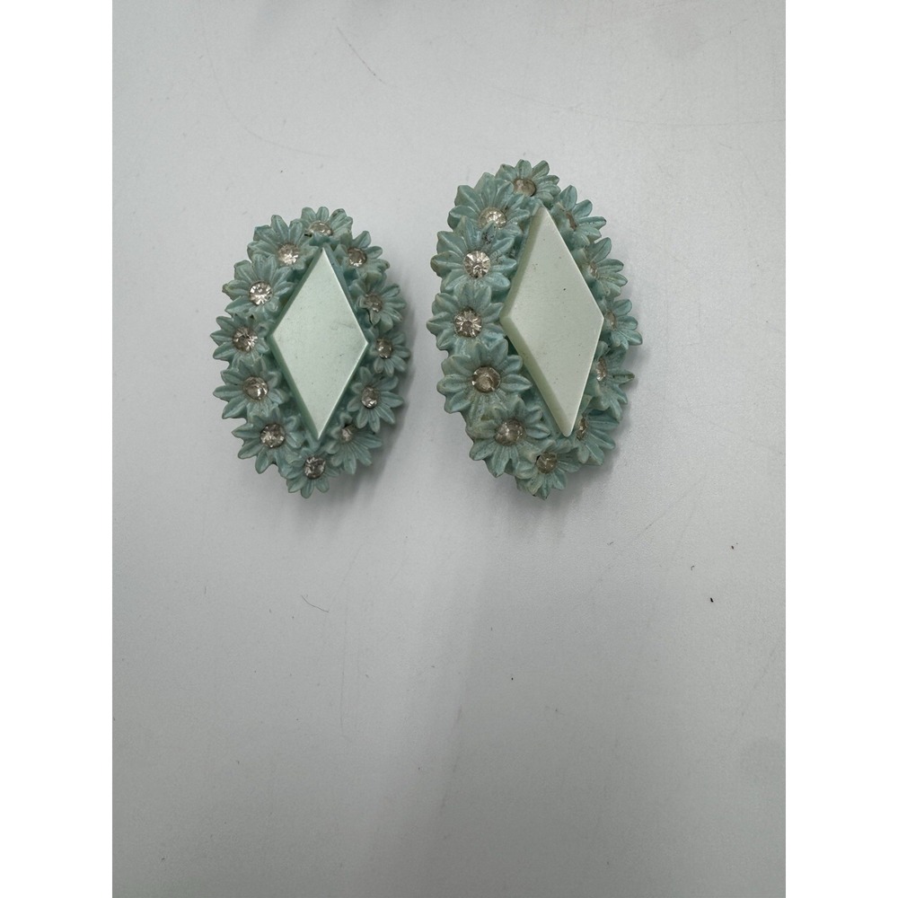 Vintage Japan Earrings Daisies Pastel Flower Oval Clip On Rhinestones 1.5"
